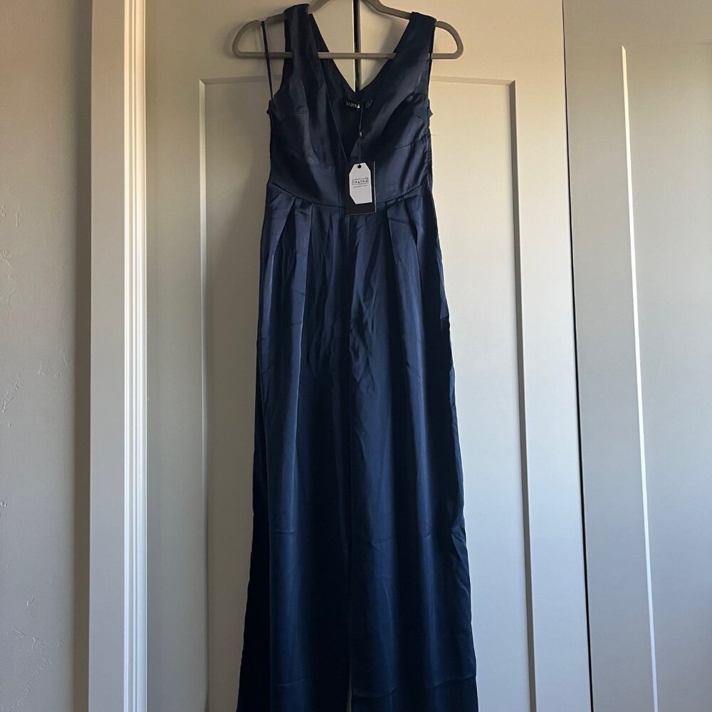 Asos NaaNaa Satin Plunge Jumpsuit in Navy - US 4